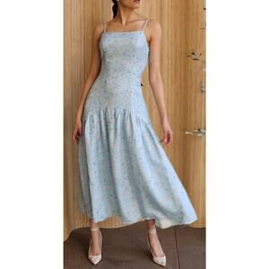 Sister Midi Dress Cisco Blue Wild Flower Linen Fitted Bodice Drop Waist Small